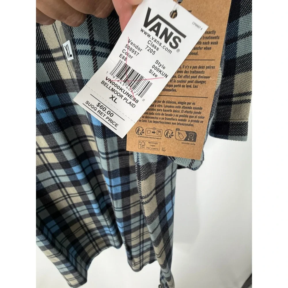 Vans Bellmoor Plaid Polo Shirt Men XL Blue Navy Tan Loose Fit VN000KUNE88 NWT